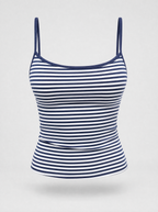 Navy striped thin strap cami top shown on its own against a light grey background
