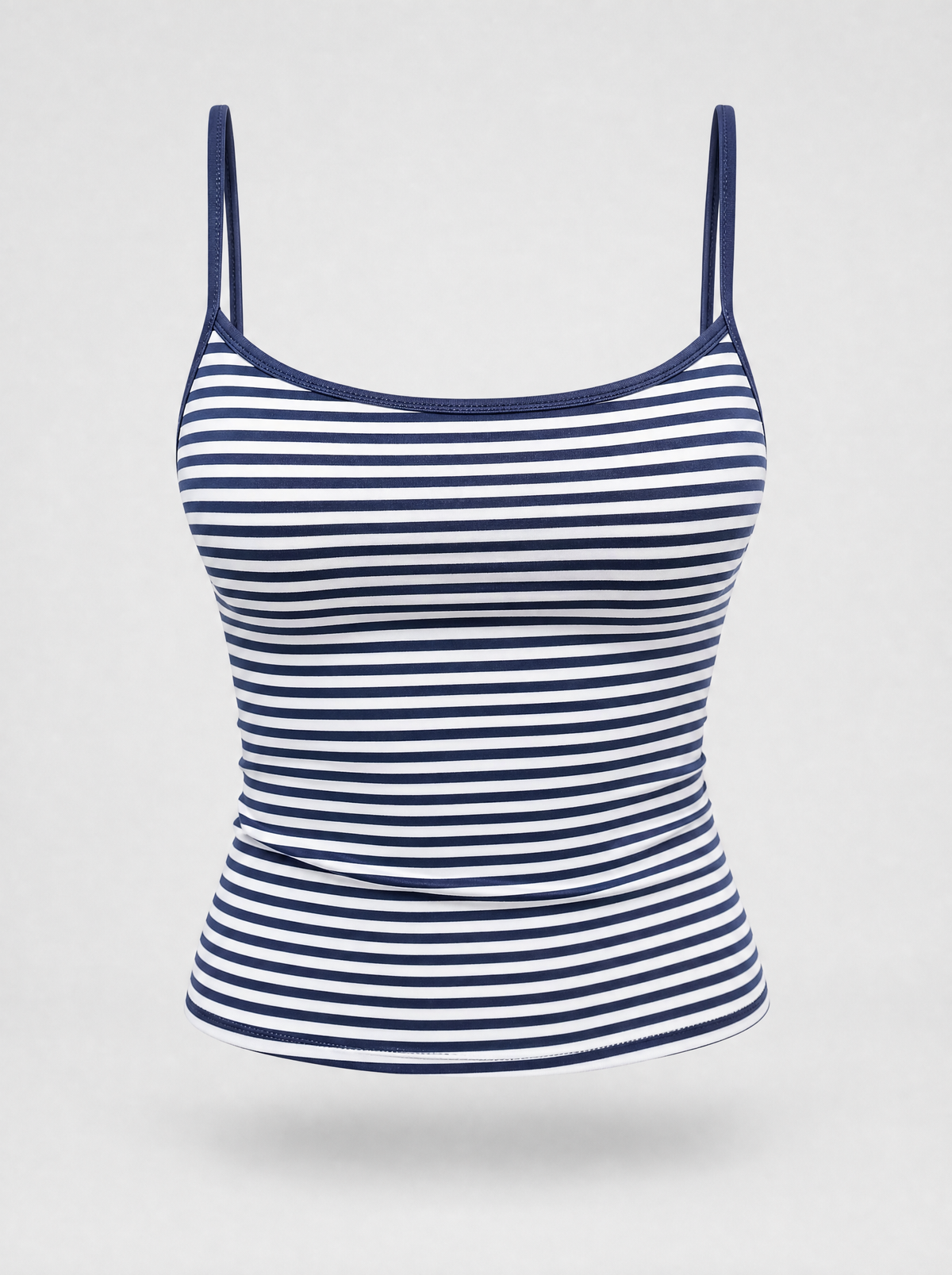 Navy striped thin strap cami top shown on its own against a light grey background